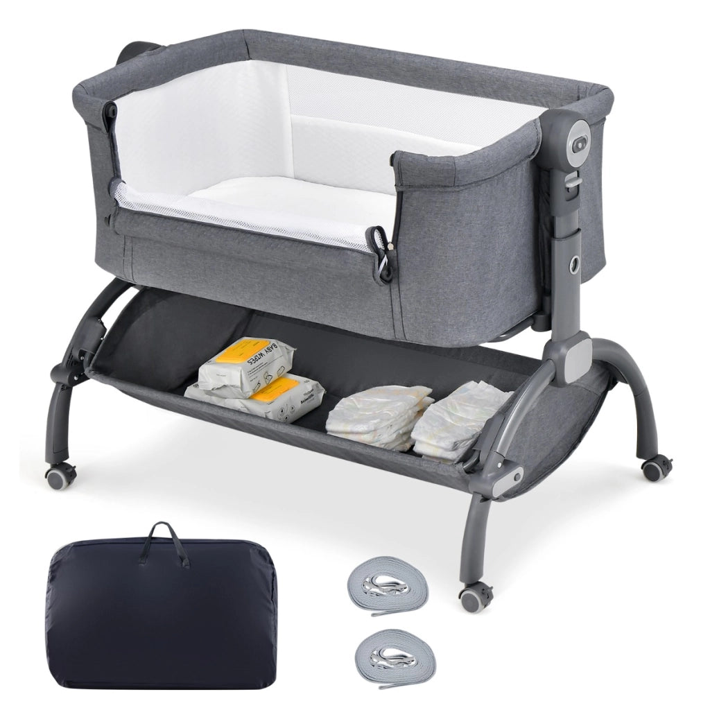 Lettino affiancato con regolazione in altezza a 7 livelli per neonati, Culla co-sleeper per bambini cesto portaoggetti Grigio