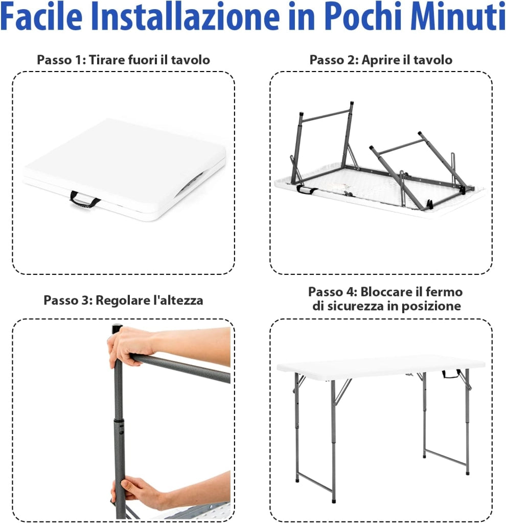 Tavolo Pieghevole da Campeggio con Altezza Regolabile e Maniglia, Portatile Tavolino da Pranzo Interno e Esterno, 120 x 60 x 74,5 cm, Capacità 150 kg, per Giardino Picnic (Modello 4)