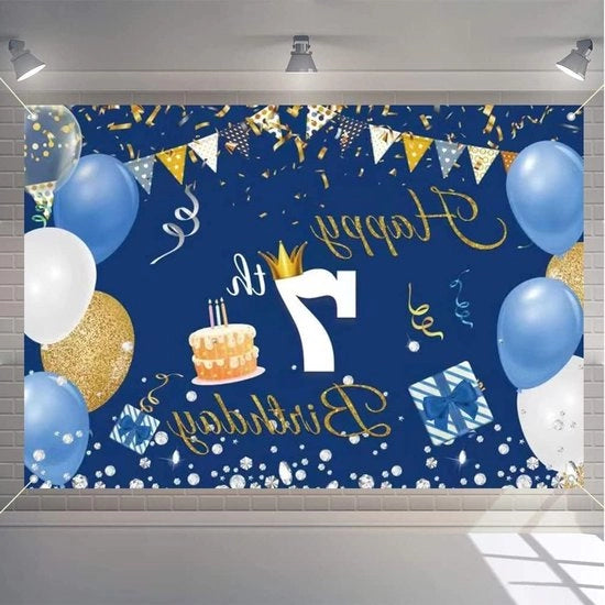 Decorazioni di compleanno per bambino/a - 7 anni - Banner di sfondo - Disegno di tessuto - Poster - Felice 7° compleanno - Feste - Fotografia blu di sfondo - Benvenuto - 150 cm x 90 cm