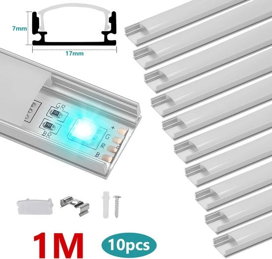 Profilo di alluminio LED - Profilo di montaggio per strisce LED 10 x 1m - Linea sottile - per Strisce LED - U-Forma - Incluso clip di montaggio e capi di fine