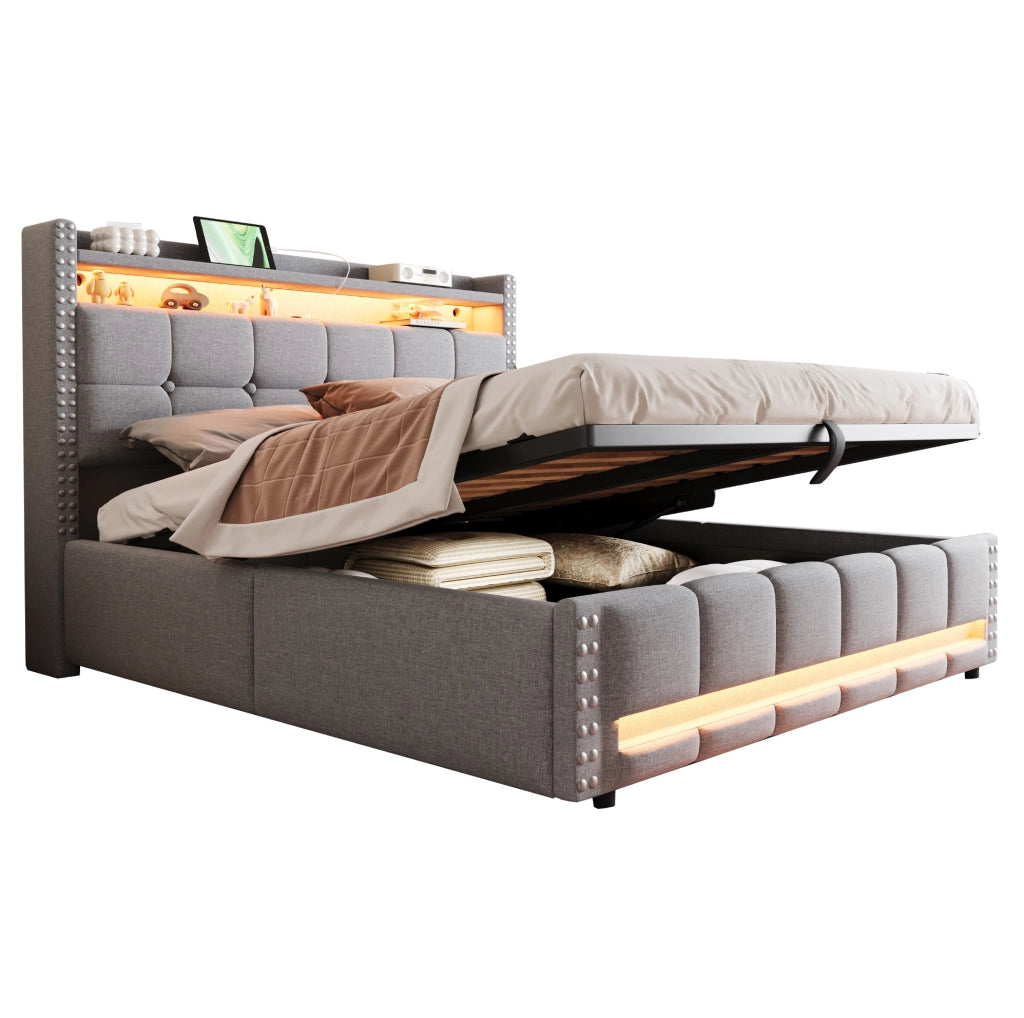Letto imbottito 160x200 cm con LED; USB e contenitore in lino grigio chiaro