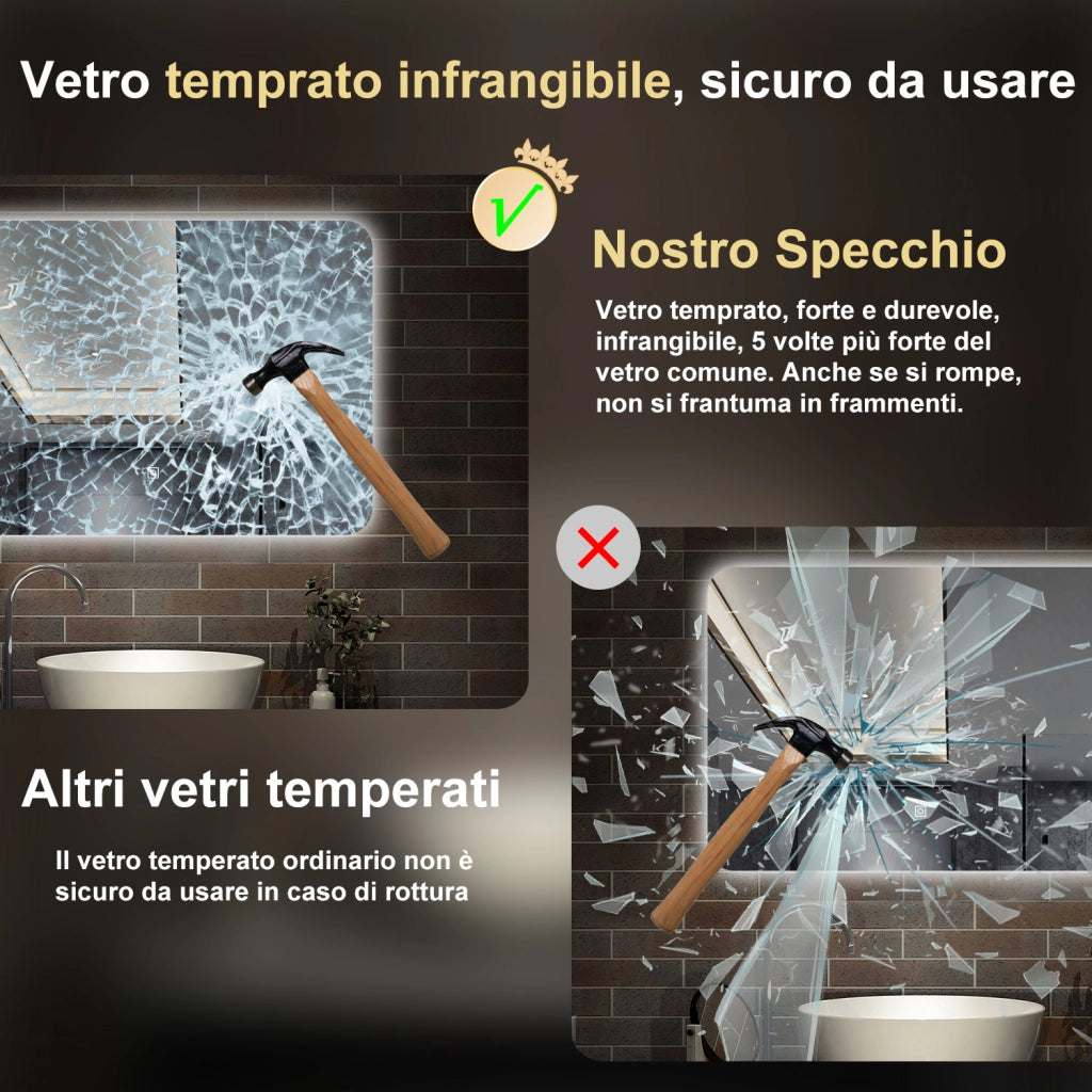 specchio 100 x 80 cm rettangolare con luce led e touch