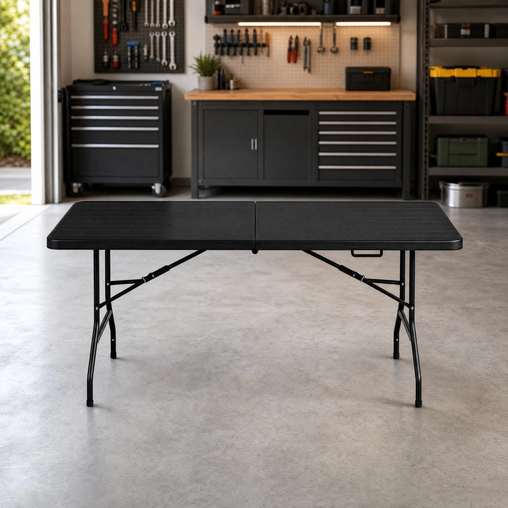 Tavolo pieghevole da esterno 180x74 cm in HDPE e metallo, colore nero, portata 120 kg