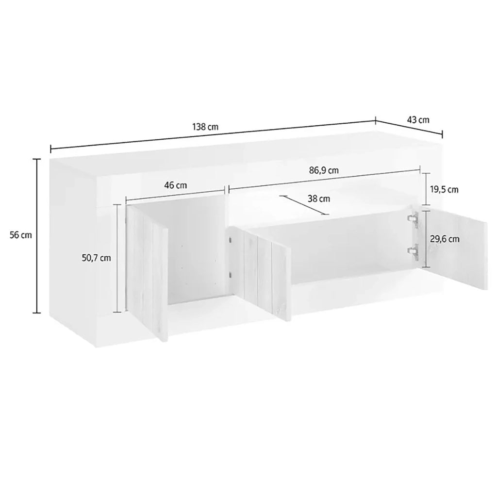 Mobile da soggiorno Porta Iole, Made in Italy, Credenza per Iole da salotto a 3 ante e ripiani, cm 138x56h42, colore Bianco lucido e cemento