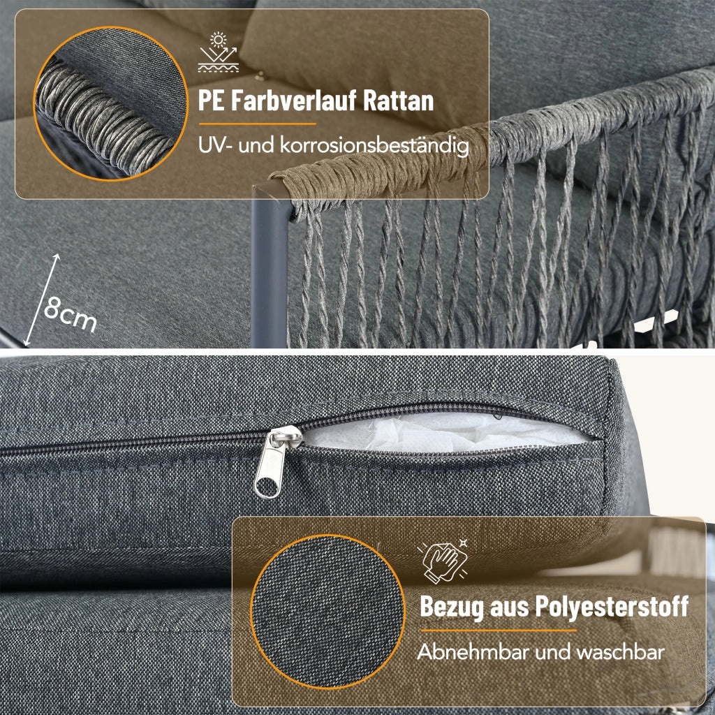 Set Divano da Giardino 7 Posti con Tavolino ¨C MINIMAL ¨C Polyrattan Grigio, Vetro, Cuscini Rimovibili
