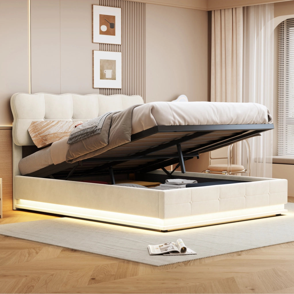 Letto matrimoniale 160x200 cm con contenitore testiera regolabile e illuminazione LED struttura letto matrimoniale in metallo legno e velluto - beige