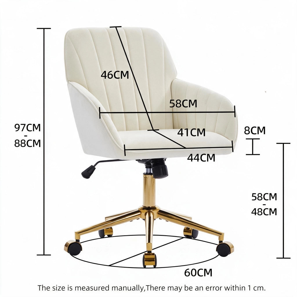 Sedia da ufficio girevole regolabile con schienale ergonomico e rotazione a 360 gradi in velluto bianco per casa
