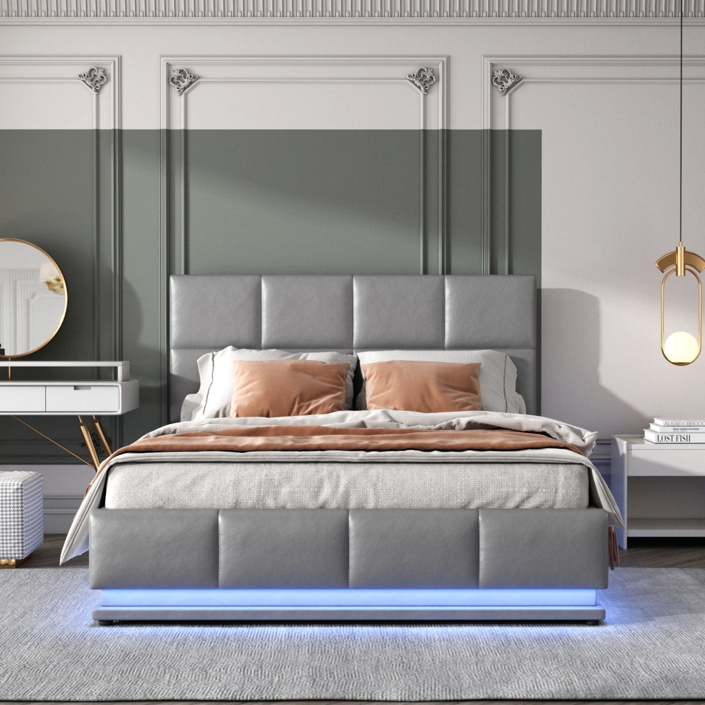 Letto contenitore matrimoniale 140×200 cm con LED e rete sollevabile; senza materasso; grigio