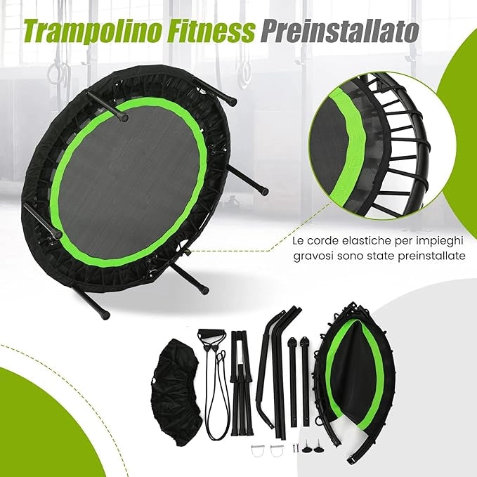 Mini Trampolino Pieghevole 101cm, Trampolino Fitness per Adulti e Bambini,con Maniglia Altezza Regolabile, Capacità di Carico 150 kg