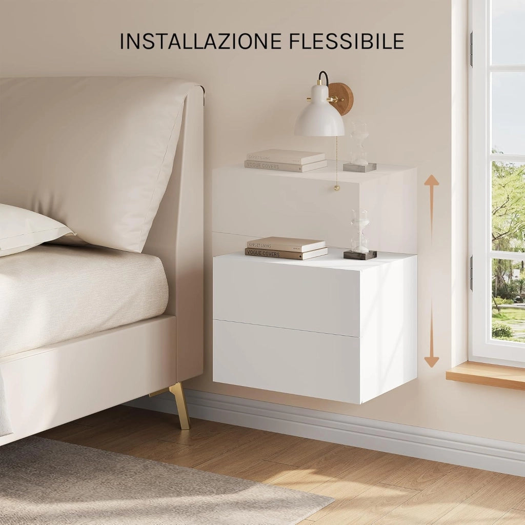Set di 2 Comodini Sospesi con Cassetto, Comodini Galleggianti, 40x30x30 cm, Mobili per Camera da Letto in Legno, Salvaspazio, Moderno, Bianco