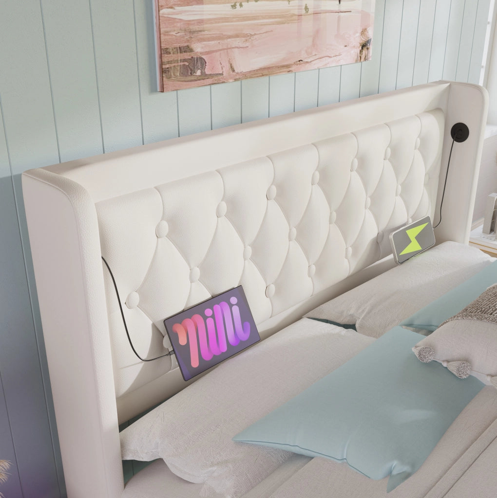 Letto matrimoniale contenitore 180x200 cm in PU bianco con testiera imbottita; USB Type-C e LED