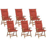 Set di 6 sedie da giardino in legno di acacia chiaro con cuscini rossi pieghevoli in stile rustico resistente ai raggi UV