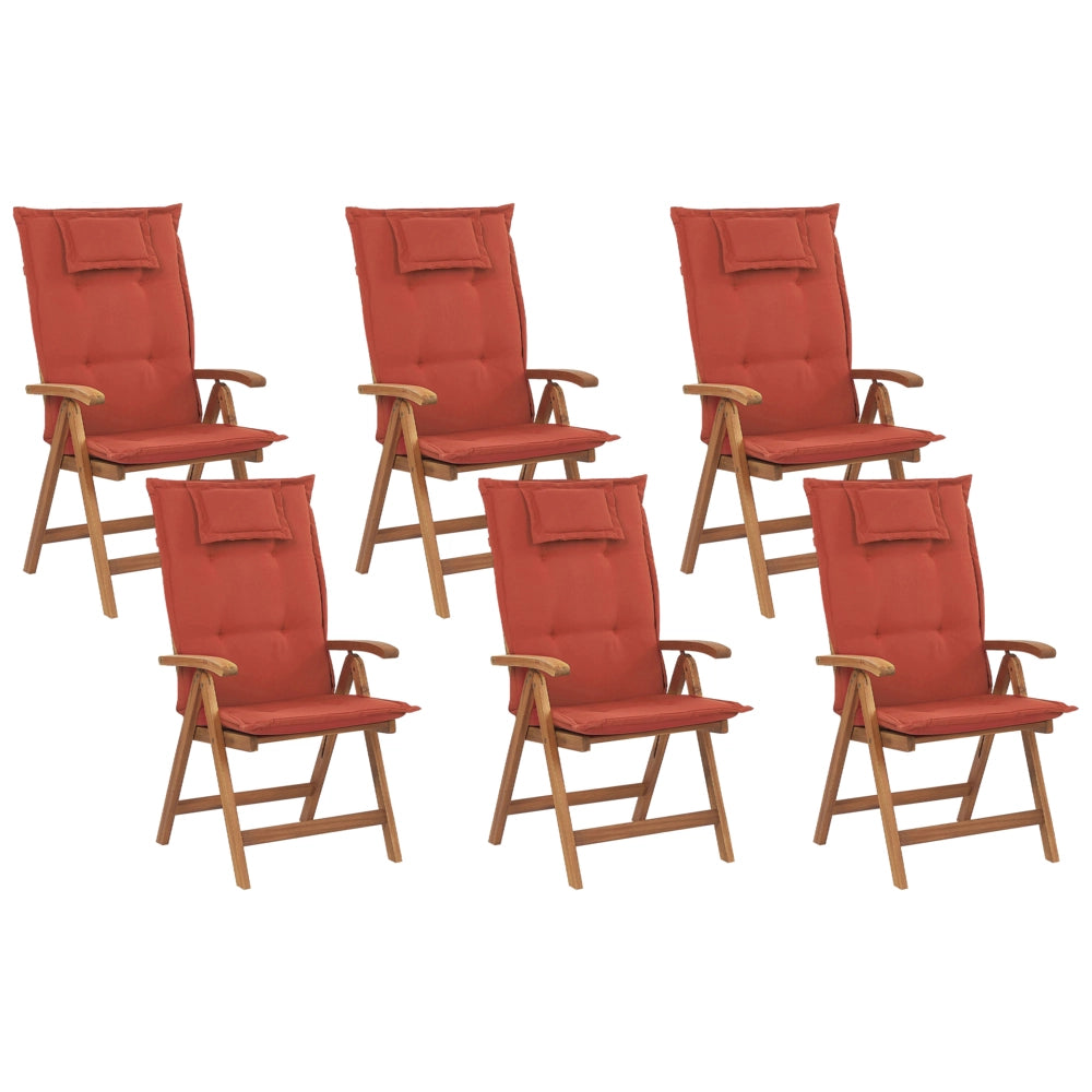 Set di 6 sedie da giardino in legno di acacia chiaro con cuscini rossi pieghevoli in stile rustico resistente ai raggi UV