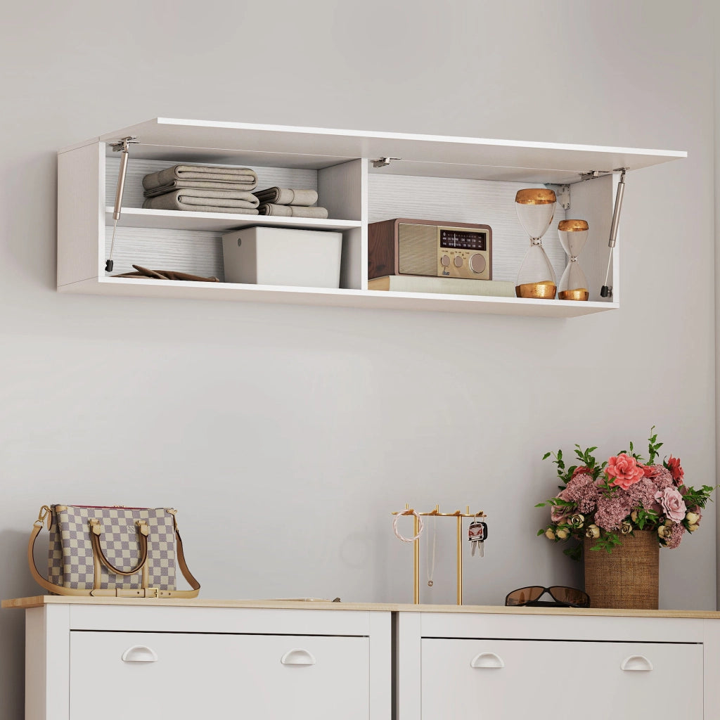Mobile Bagno a Parete 120x23x30 cm con Anta Ammortizzata 2 Scomparti e Mensola Regolabile in MDF Bianco