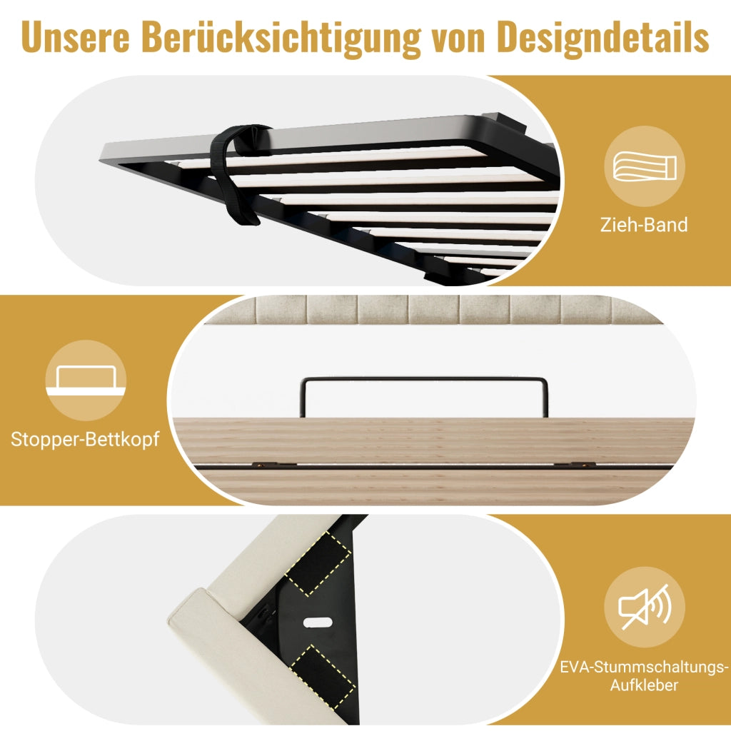 Letto contenitore 90 × 200 cm con illuminazione LED, USB e Type-C, testiera con ripiani, senza materasso, beige