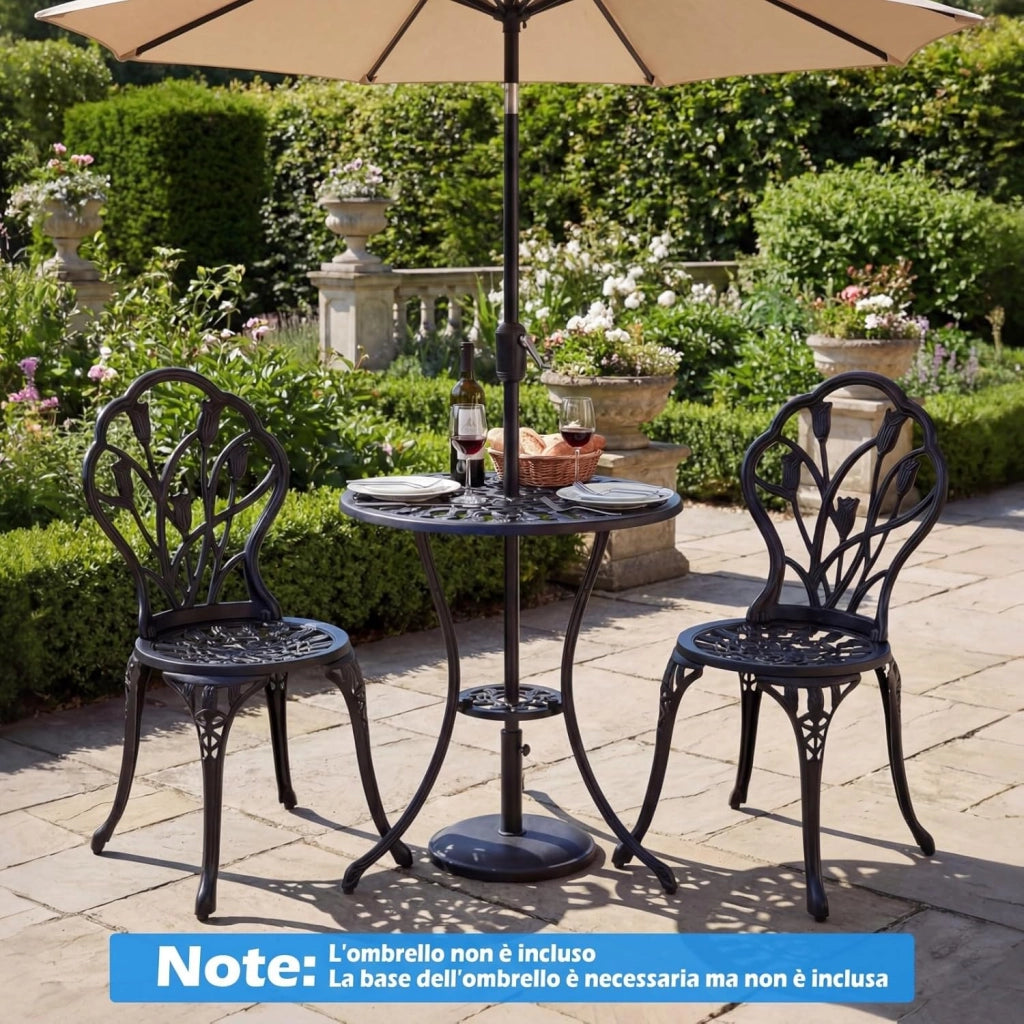 Set Tavolino e Sedie in Alluminio 3 Pezzi, Set Bistro da Esterno con Foro per Ombrellone, Mobili da Giardino per Cortile Patio Terrazza (Modello 2)