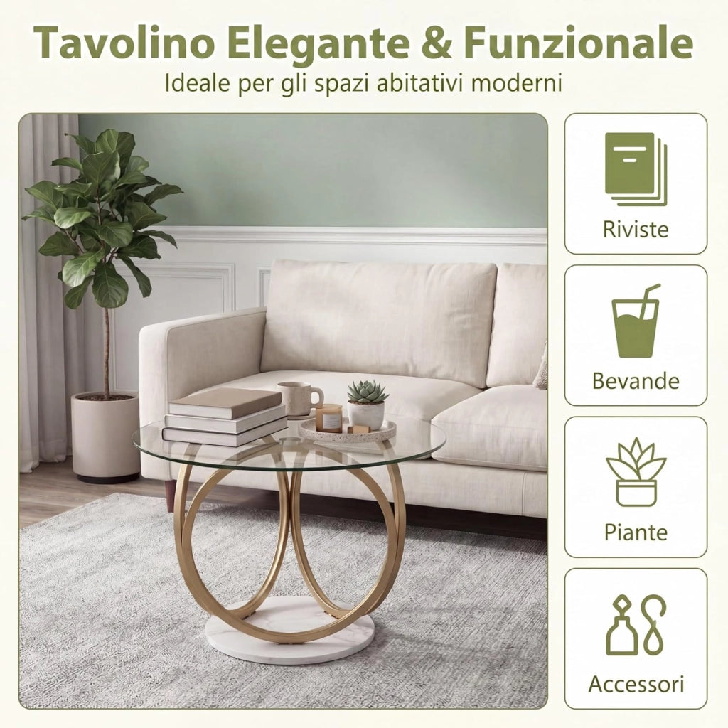 Tavolino da Caffè in Vetro Temperato, Tavolino Rotondo con Struttura in Metallo Dorato e Geometrico, Tavolino Moderno per Salotto, Camera, Cucina e Sala da Pranzo, Portata 30 KG