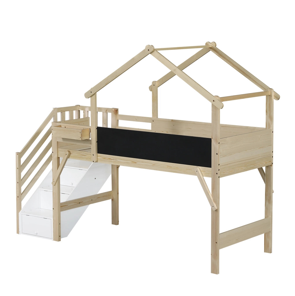 Letto a castello 90x200 cm con lavagna; scala contenitore a 3 vani; bianco e naturale