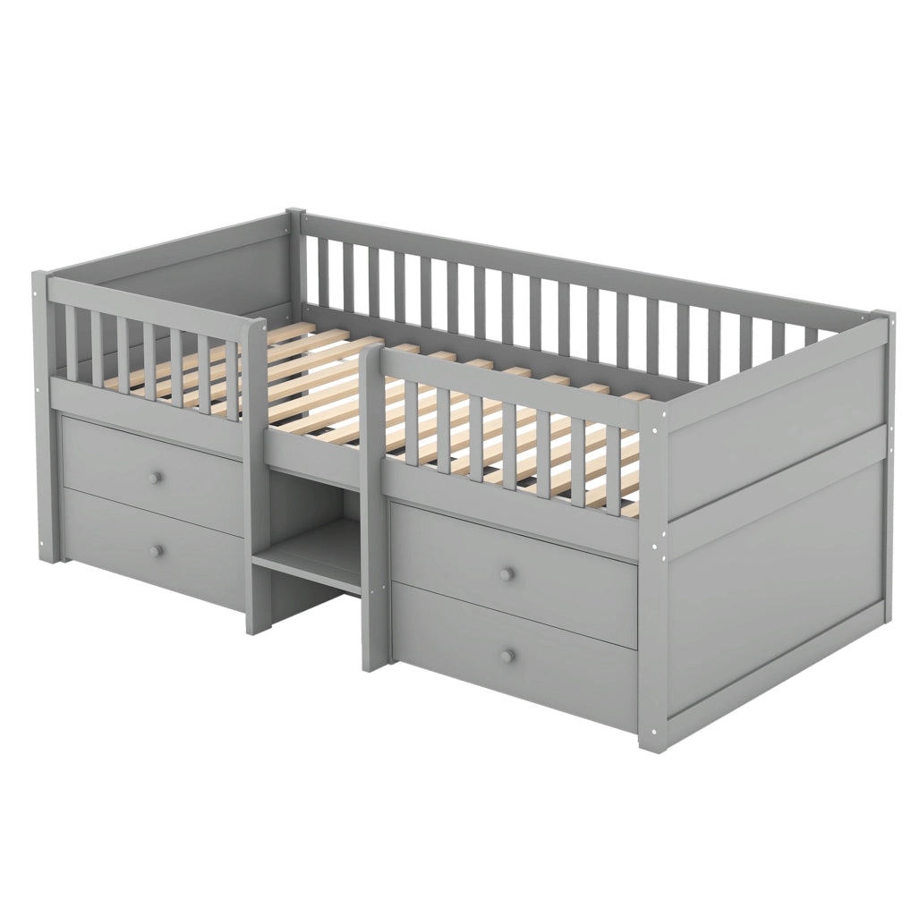 Letto semialto ULEVR 90x200 cm con 4 cassetti, scala e sponde di sicurezza, pino e MDF grigio