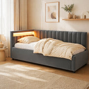 DESMIU Letto divano 90 × 200 cm 1 posto con LED e contenitore idraulico, senza materasso, in velluto, grigio