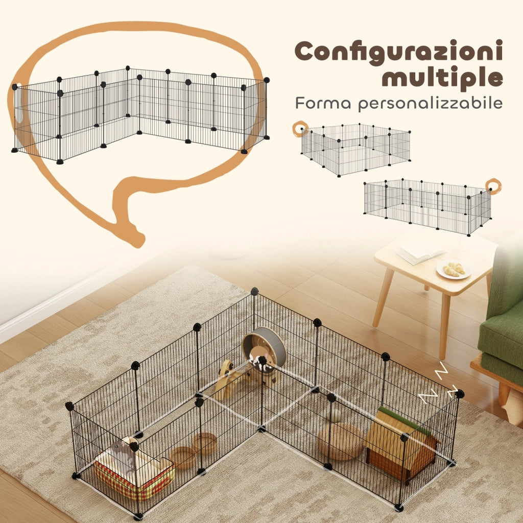 Recinto per Animali Modulabile e Multilivello 140x70x35 cm con 12 Pannelli e Bordi Arrotondati in Metallo e ABS Nero