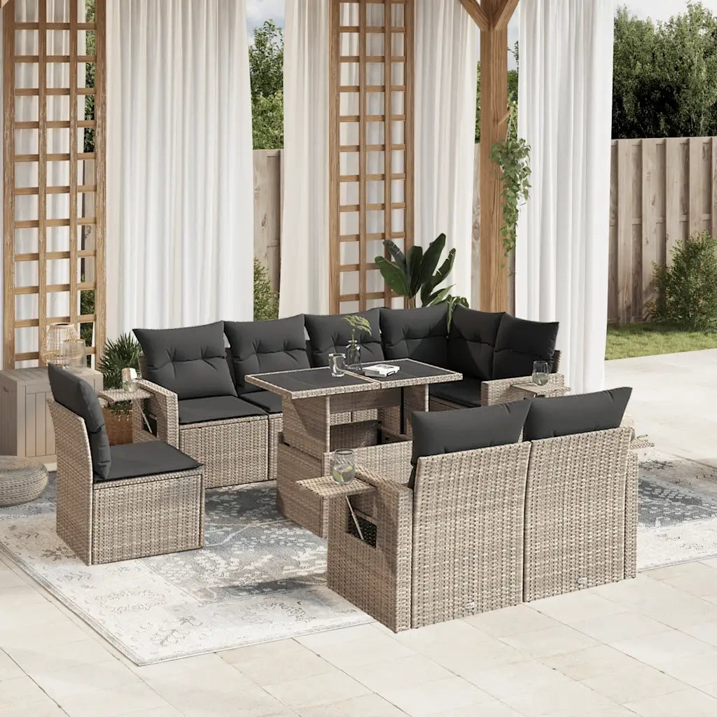Set Divano da Giardino 9pz con Cuscini Grigio Chiaro Polyrattan