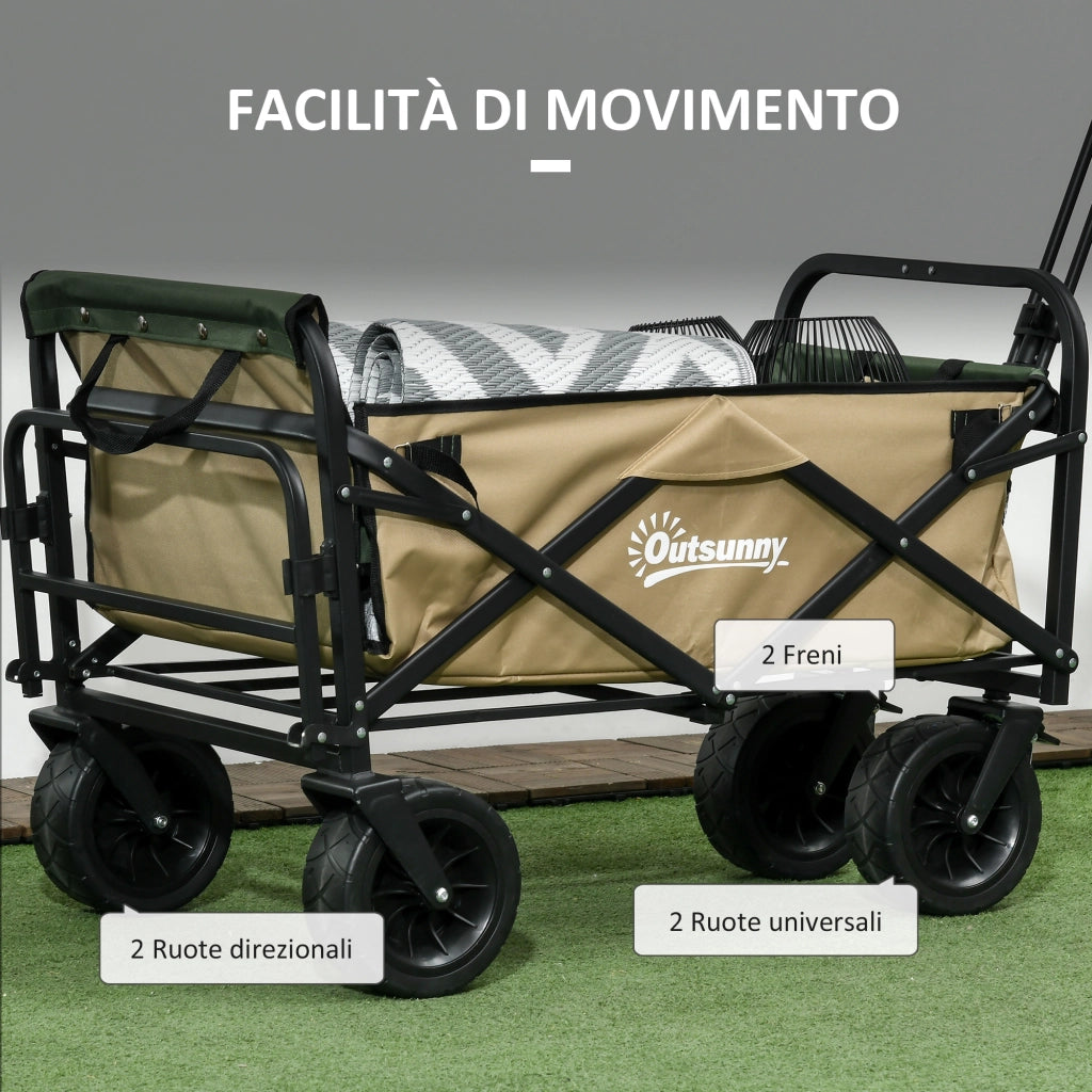 Carrello da Giardino 110L con Maniglia Telescopica e Fondo Apribile in Acciaio e Tessuto Oxford, Cachi