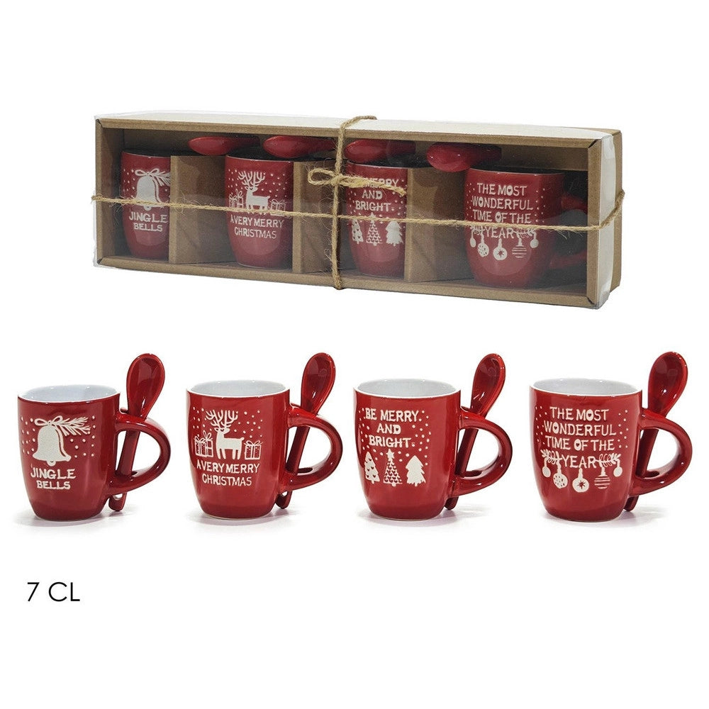 Trade Shop - Set 4 Tazzine Natalizie Decorate In Ceramica Capacità 7 Cl Con Cucchiaini Coordinati -