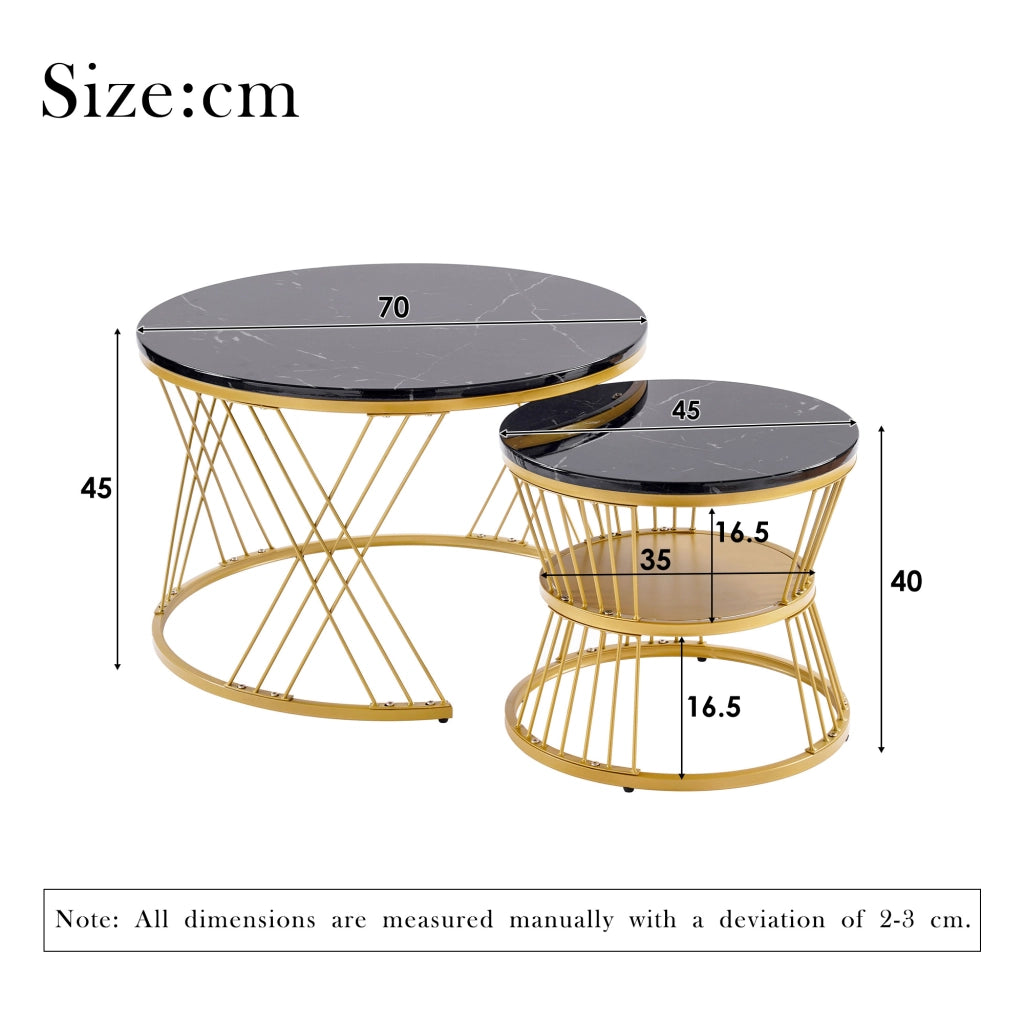 Tavolini da salotto 70x70x47 cm e 45x45x40 cm; set impilabile effetto marmo; MDF nero
