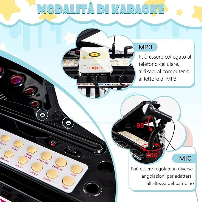 Tastiera Pianoforte a 31 Tasti con Microfono e Sgabello, Pianoforte Giocattolo Portatile con Modalità di Insegnamento a LED, Pianoforte a Coda per Bambini 3+ Anni (Nero), 35 x 30 x 55 cm