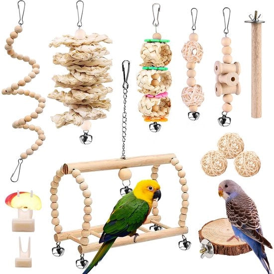 Giocattolo per pappagallo 13 pezzi in legno naturale giocattoli per pappagallo oscillante sedute per pappagallo artigli per limare arrampicate pappagallo in piedi accessori per gabbia per pappagallo per canarino pappagallo falco di palazzo