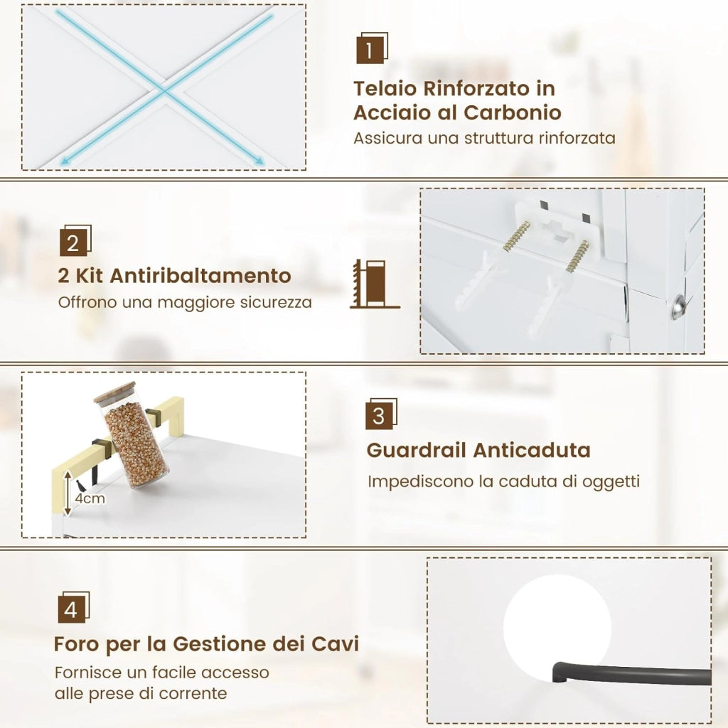 Armadio da Cucina a 5 Ripiani, Mobile Dispensa Cucina con Ruote Girevoli, 4 Porte PC a Ribalta e 4 Ganci, Mensola Microonde in Metallo per Soggiorno, Cucina, Sala da Pranzo (Bianco)