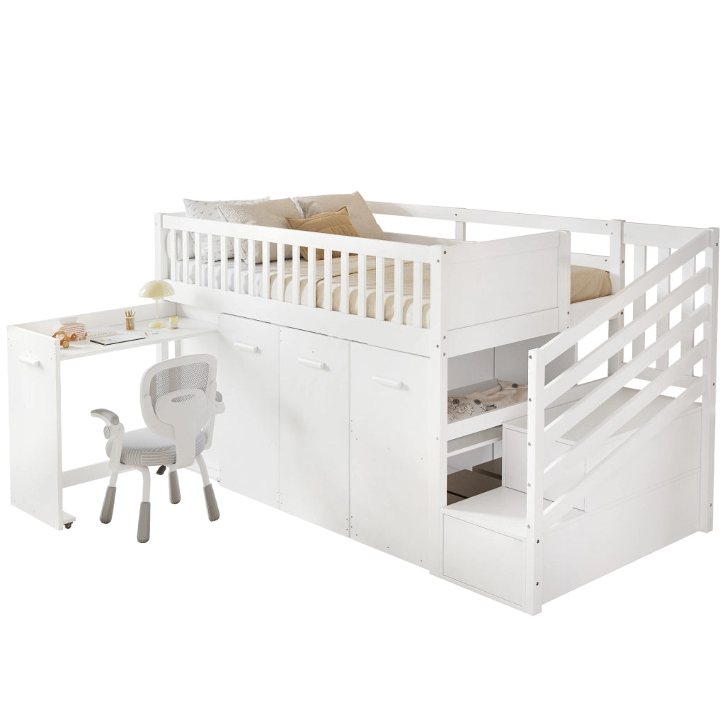 Letto a Castello 90x200 cm - con Scrivania Estraibile; Armadi e Armadietti - Bianco