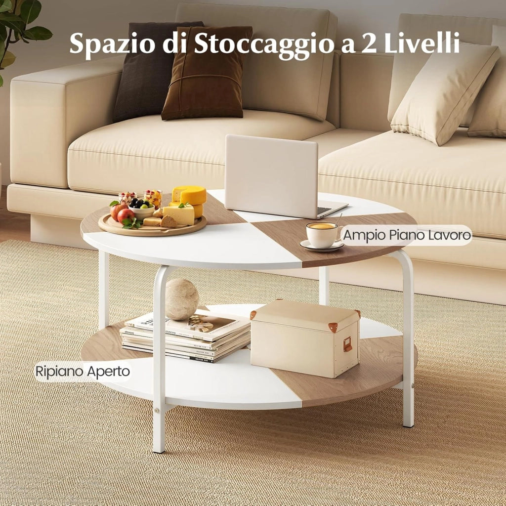 Tavolino da Caffè Rotondo, Tavolino da Salotto a 2 Piani con Struttura in Metallo e Gambe Rialzate, Tavolo da Divano Basso Moderno per Soggiorno e Ufficio, 80 x 80 x 42 cm, Bianco e Naturale