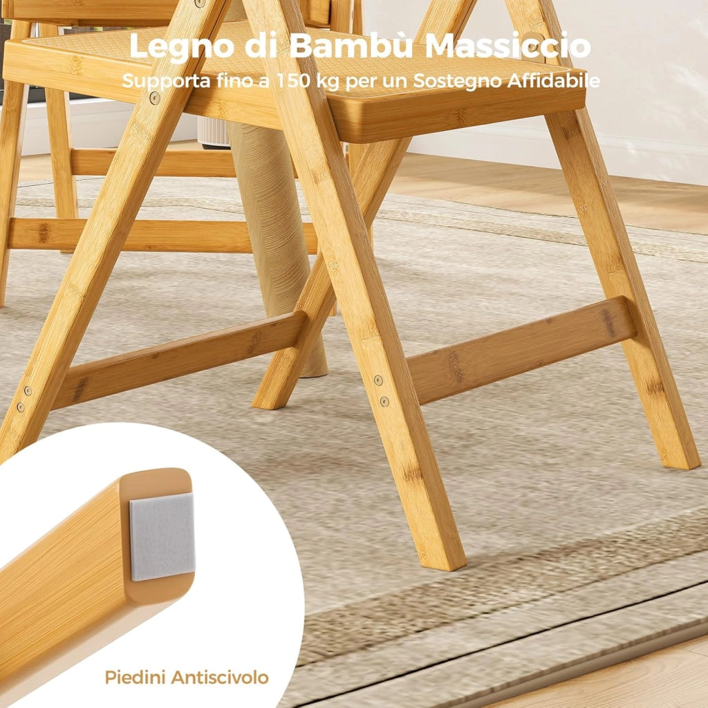 Set di 2 Sedie Pieghevoli in Rattan, Sedie da Sala Pranzo in Bambù con Schienale Rotolante, Sedie Stile Boho Senza Necessità di Montaggio, Capacità di 150 kg, per Cucina e Soggiorno, Naturale