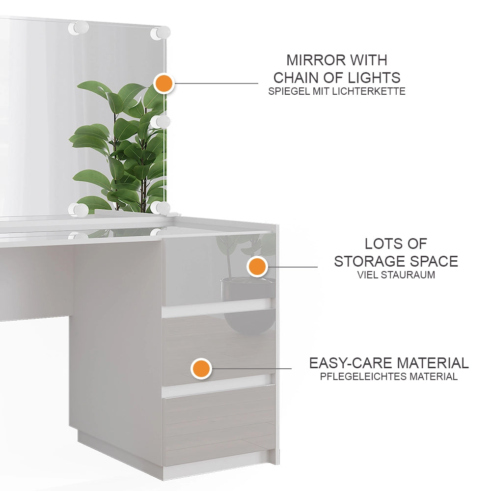 Vicco Tavolo da toilette Bianco lucido 120 cm con specchio, luci fiabesche a LED