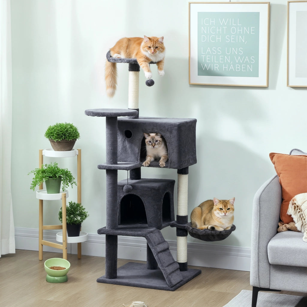 Albero per Gatti con 2 Casette, Lettino e Amaca ¨C Zephmum ¨C Grigio, Peluche, 140 cm