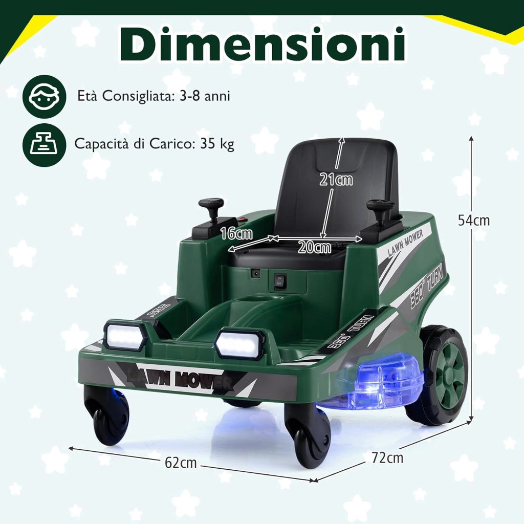12V Macchina Elettrica per Bambini, Auto Elettrica con 2 Leve di Controllo, Luci LED, Simulazione di Taglio dell'Erba e Sterzate a 360°, Tosaerba Giocattolo per Bambini 3-8 Anni (Verde)