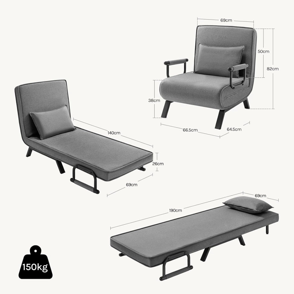 Poltrona Relax Reclinabile Convertibile, Divano Letto Trasformabile 3 in 1, con Schienale Regolabile in 5 Posizioni, Cuscino Rimovibile, Seduta Imbottita, 80x74x82cm, Grigio Scuro
