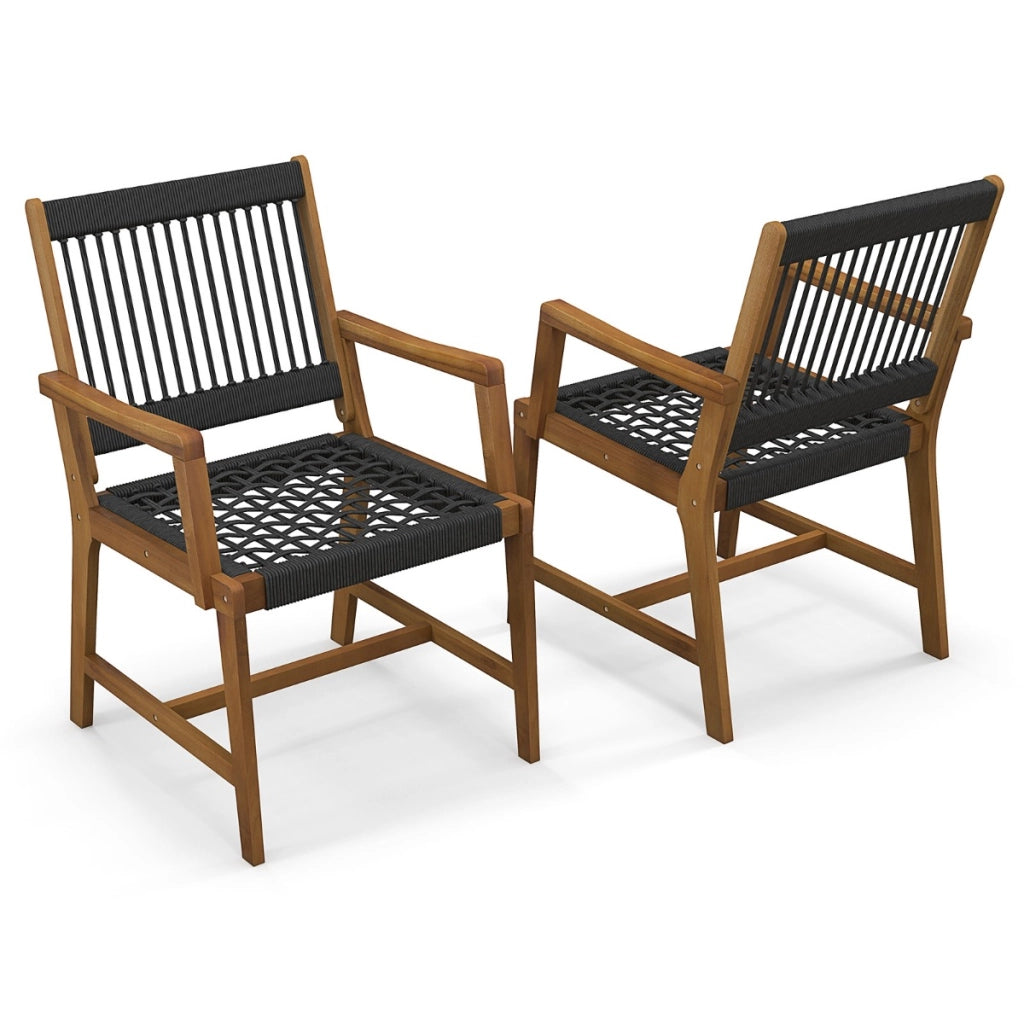 Set di 2 sedie da pranzo in legno di acacia per esterni, Sedie da patio intrecciate in corda con braccioli-Sedie da esterno