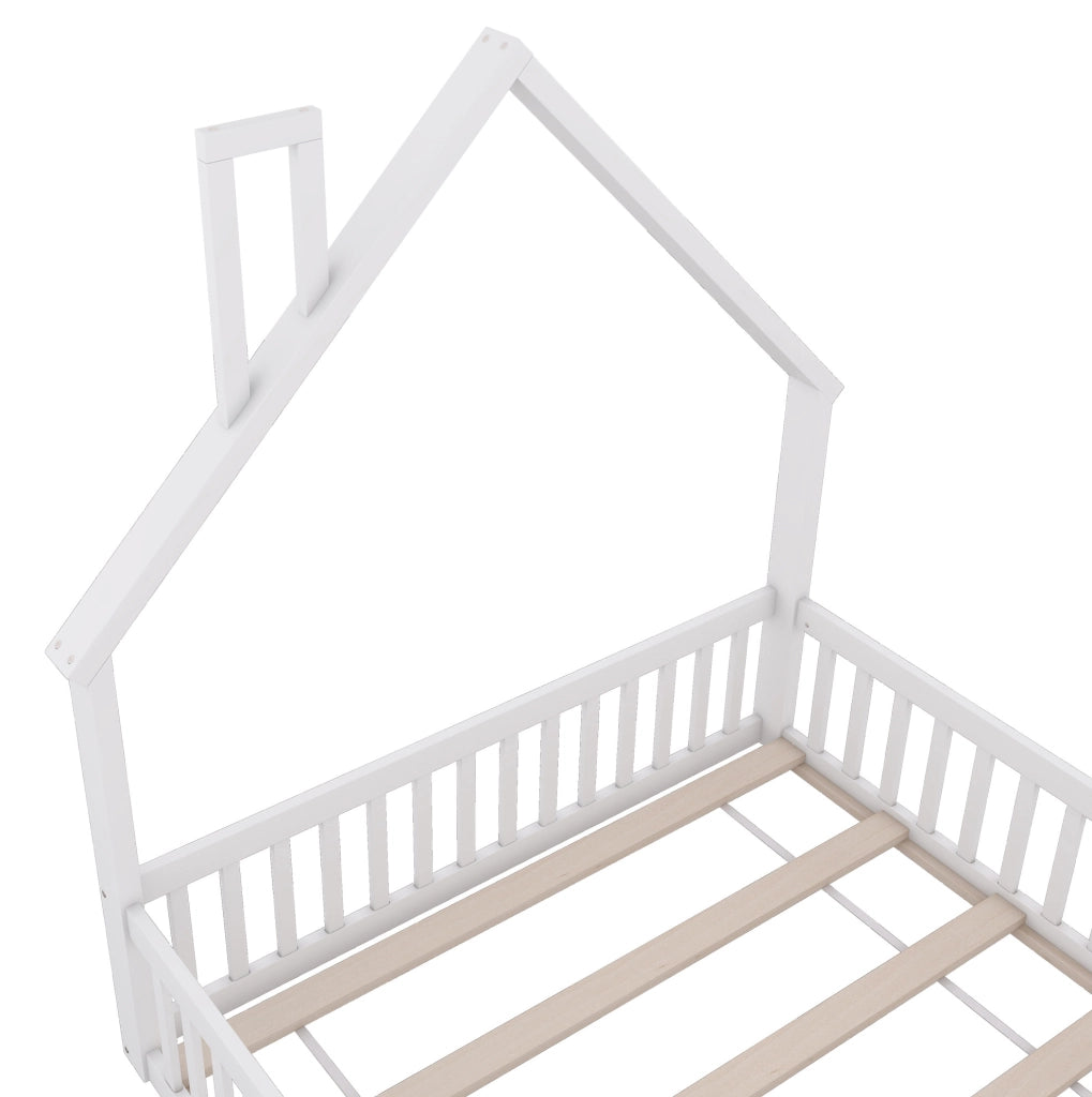 Letto per bambini 140x200 cm con forma camino; in pino e MDF; bianco/grigio