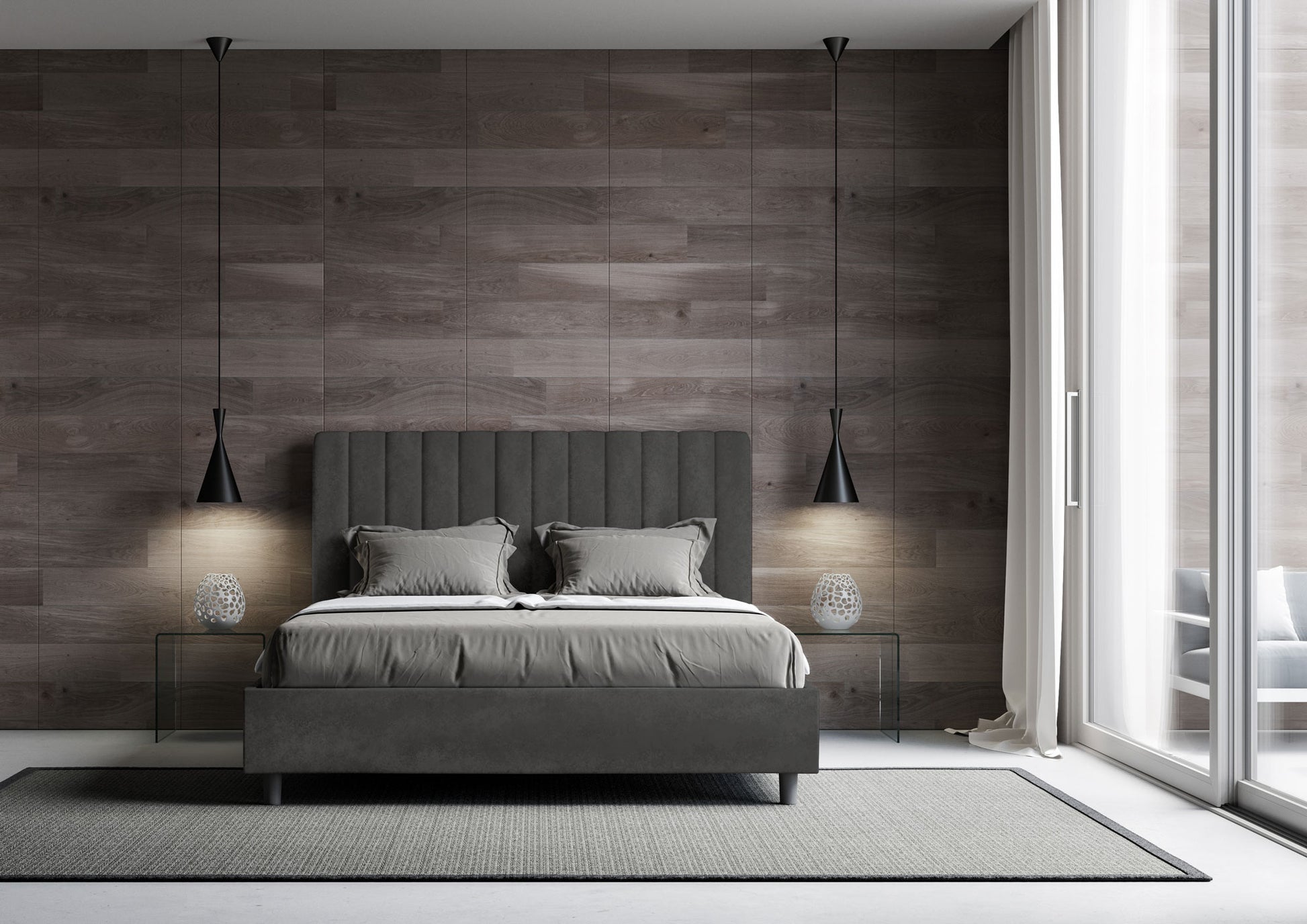 Letto Matrimoniale 160x190 cm con Rete e Contenitore con Testata e Alzata Comoda Imbottito in Microfibra Agueda Grigio