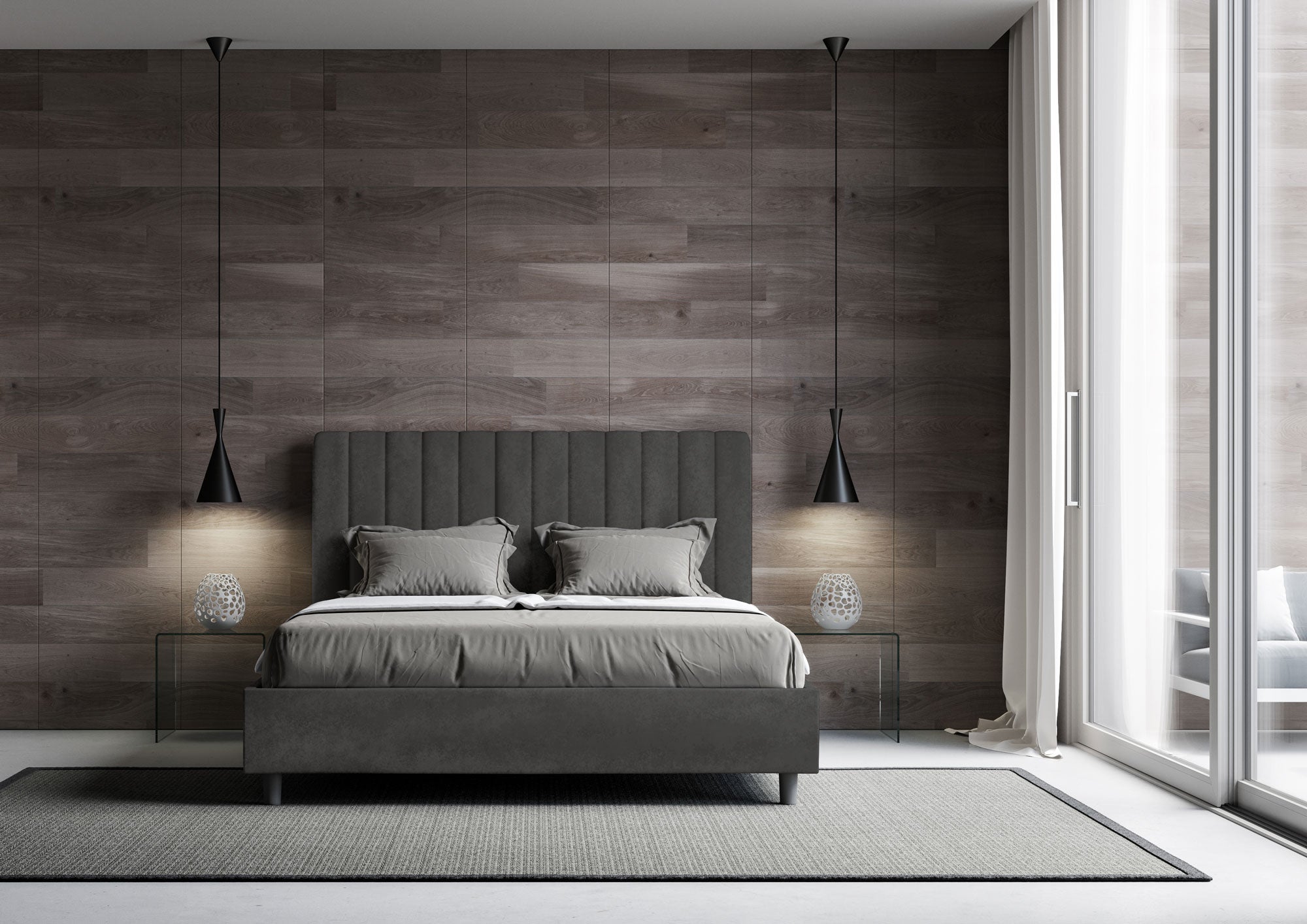 Letto Matrimoniale 160x190 cm con Rete e Contenitore con Testata e Alzata Comoda Imbottito in Microfibra Agueda Grigio