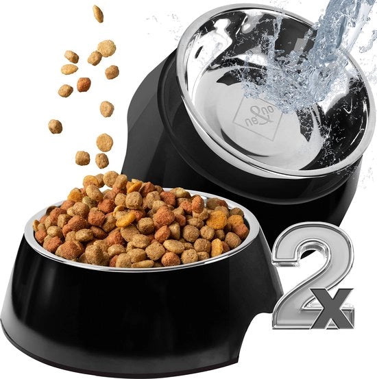 Set di 2 ciotole per alimenti per cani e gatti piccoli [taglia S / 170 ml] Ciotola per gatti antiscivolo doppia | Ciotola per alimenti per gatti | Ciotola per cani (S, NERO)