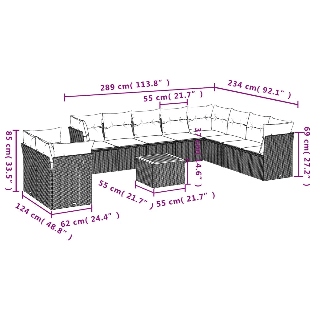 Set Divani da Giardino 11 pz con Cuscini Beige in Polyrattan
