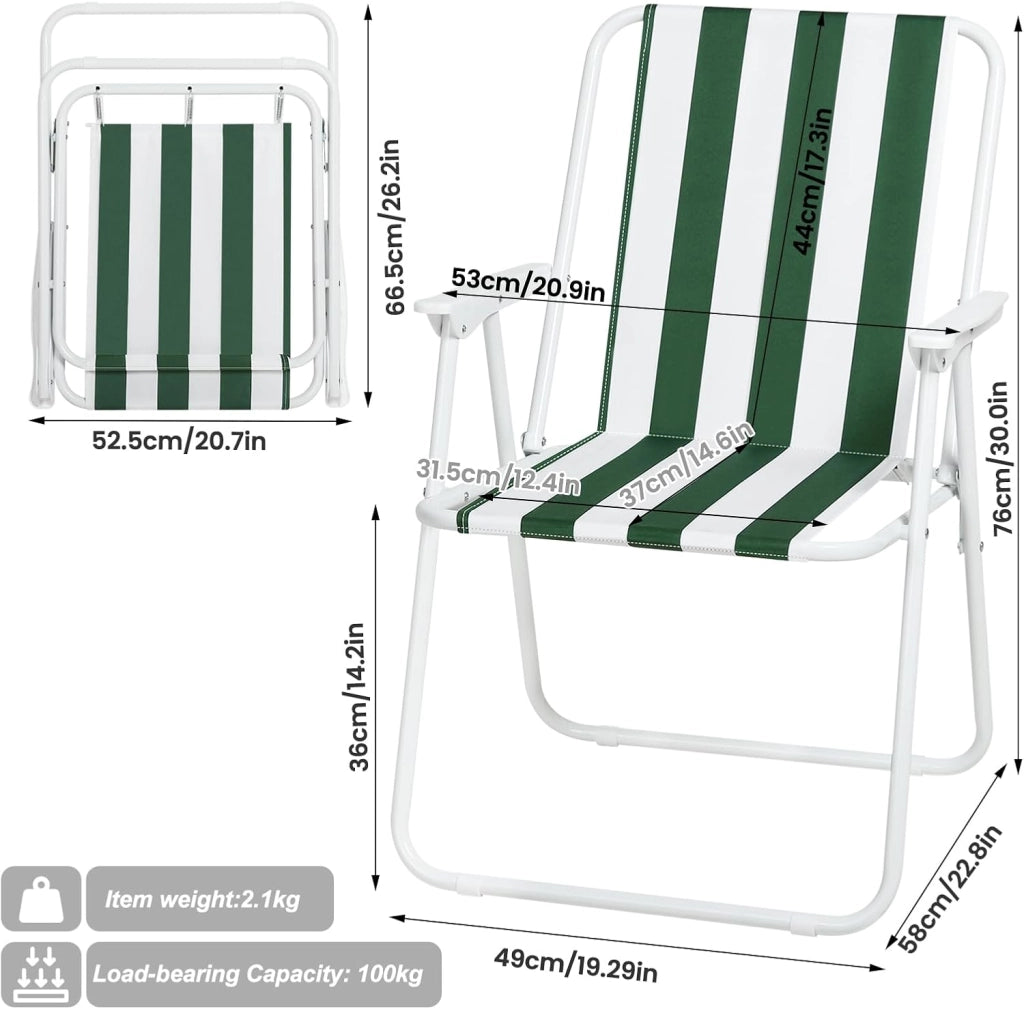 Set di 4 Sedia Pieghevole Portibile, Sedia da Campeggio/Pesca in Oxford, con Braccioli, per Spiaggia, Picnic, Terrazza, Giardino, Bianco+Verde