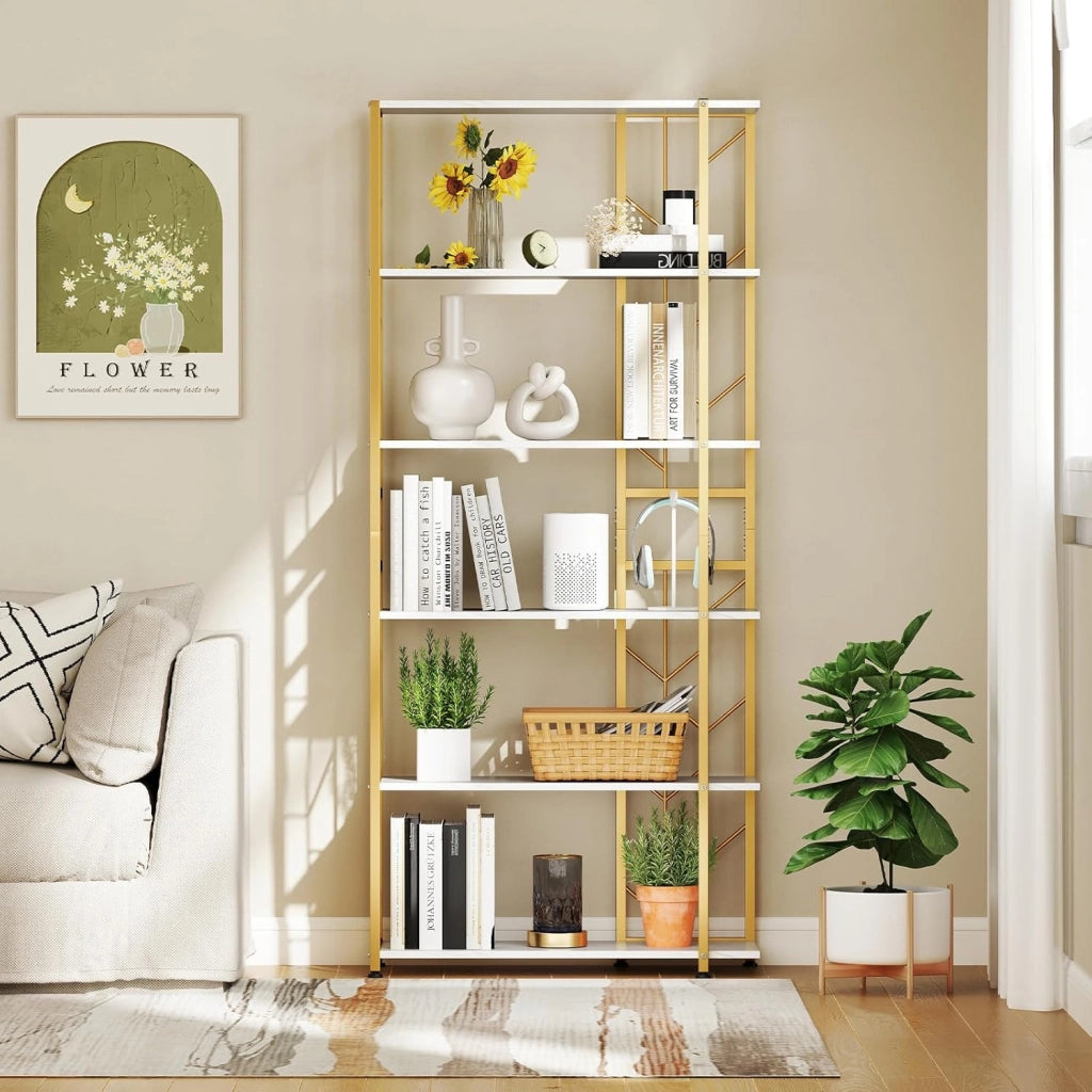 Libreria a 6 Ripiani, Libreria Geometrica Moderna con Telaio in Metallo, Scaffale da Terra con 2 Kit Antiribaltamento per Soggiorno Camera da Letto Studio, 80x31x180 cm (Bianco)