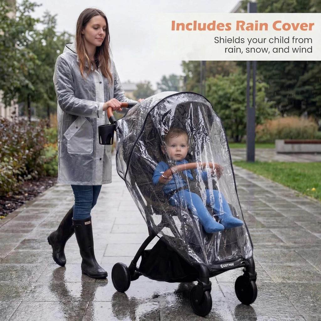 Passeggino Leggero per Bambini e Neonati, Passeggino Pieghevole e Portatile con Ruote, Schienale Regolabile, Tettuccio, Cintura di Sicurezza, Cesto e Copertura Antipioggia (Nero)
