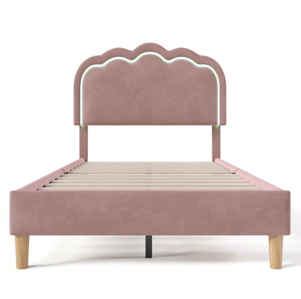 Letto singolo imbottito rosa 90x190 cm con testiera LED regolabile e struttura in velluto