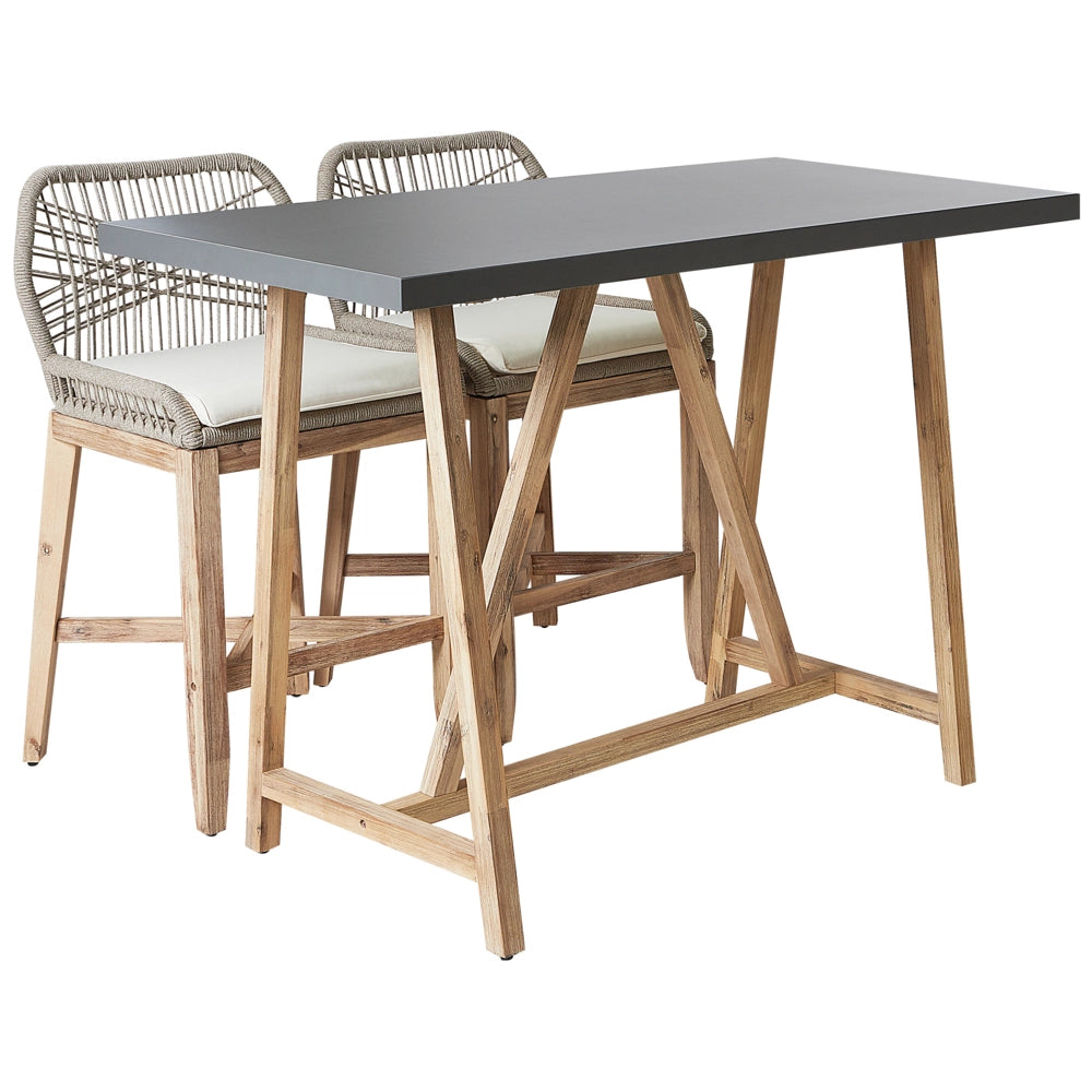 Terrazza da giardino Set da bistrot in legno di acacia chiaro Tavolo in cemento 2 sedie Cuscini beige Stile industriale